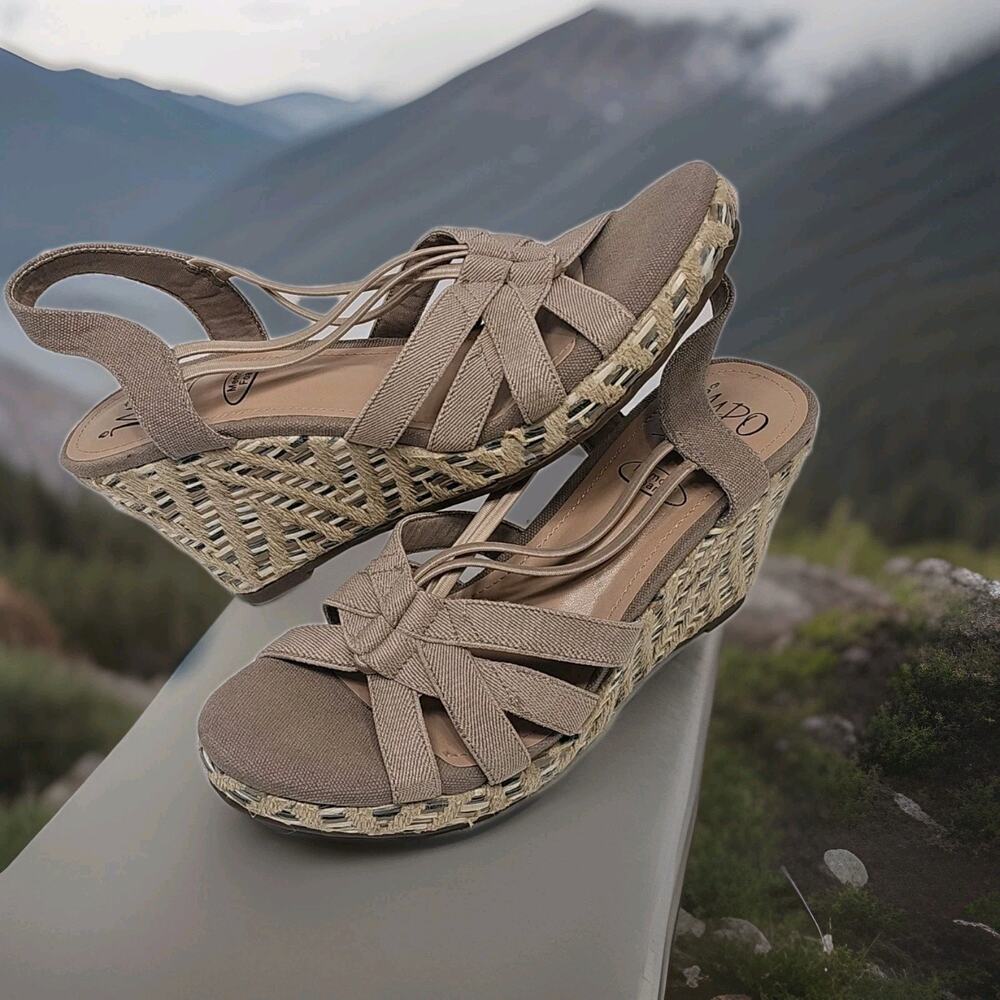 Impo Tosha Strappy Wedge Sandals in Beige 3.9" Heel Sz 9.5M